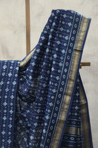 Indigo HBP Cotton Silk Chanderi Saree With Maheshwari Border - SRICSCS613