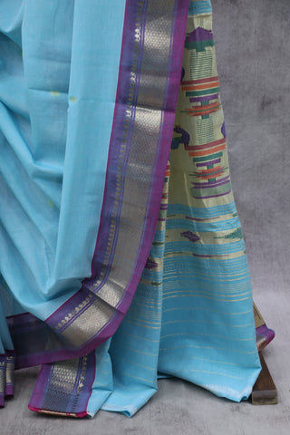 Sky Blue Cotton Paithani Saree-SRSBCPS359