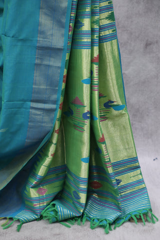 Two Tone Blue Cotton Paithani Saree-SRBCPS352