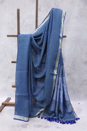 Blue Plain Linen Saree With Blue Tassels -SRBLS17EX