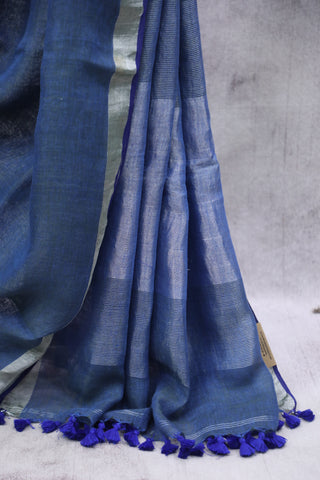 Blue Plain Linen Saree With Blue Tassels -SRBLS17EX