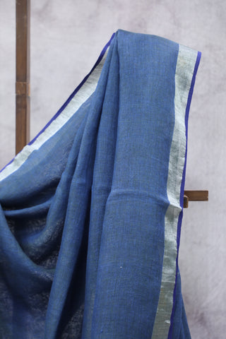 Blue Plain Linen Saree With Blue Tassels -SRBLS17EX