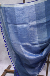 Blue Plain Linen Saree With Blue Tassels -SRBLS17EX