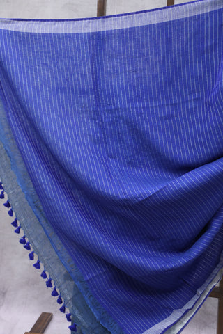 Blue Plain Linen Saree With Blue Tassels -SRBLS17EX