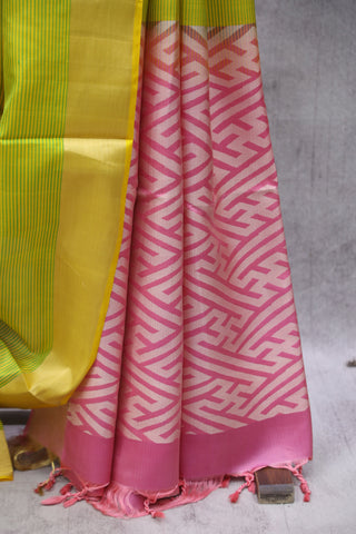 Yellow-Green Stripes Soft Silk Saree-SRYGSSSS37EX