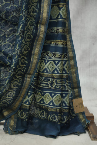 Indigo HBP Cotton Silk Saree With Maheshewari Border - SRICSS884