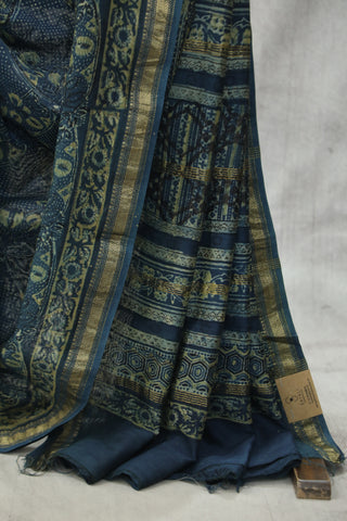 Indigo HBP Cotton Silk Saree With Maheshewari Border - SRICSS883