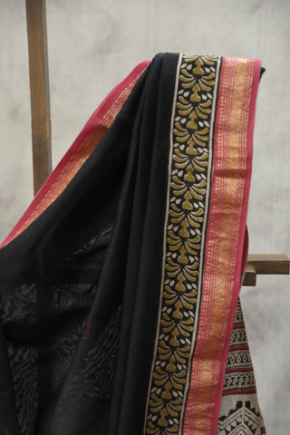 Black HBP Cotton Silk Saree With Maheshewari Border - SRBCSS896