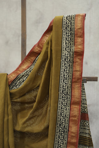 Olive HBP Cotton Silk Saree With Maheshwari Border - SROCSS857