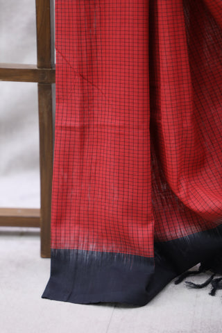 Red Checks Pochampalli Cotton Ikat Saree-SRRCPCIS11EX