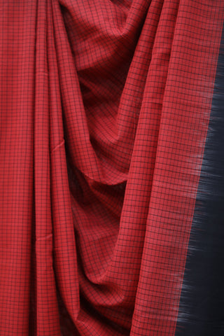 Red Checks Pochampalli Cotton Ikat Saree-SRRCPCIS11EX