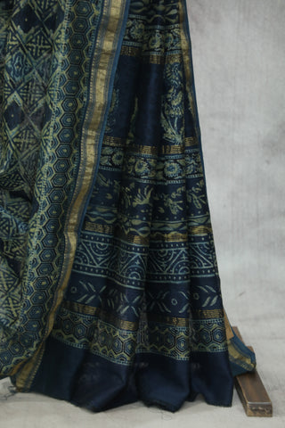 Indigo HBP Cotton Silk Saree With Maheshewari Border - SRICSS887