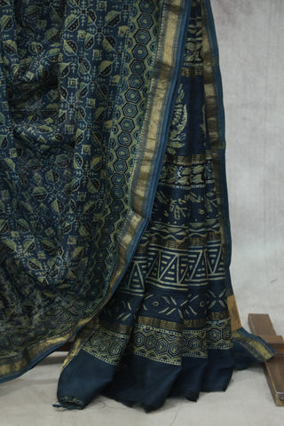 Indigo HBP Cotton Silk Saree With Maheshewari Border - SRICSS888