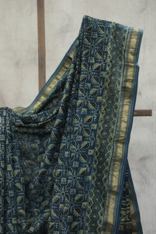 Indigo HBP Cotton Silk Saree With Maheshewari Border - SRICSS888