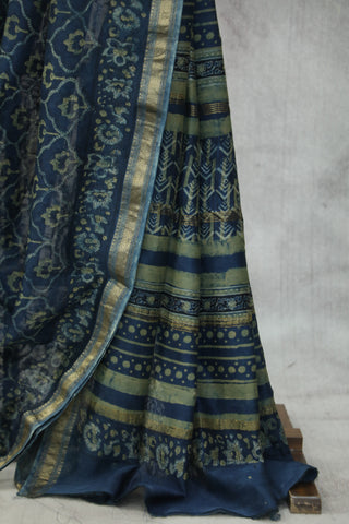 Indigo HBP Cotton Silk Saree With Maheshewari Border - SRICSS890