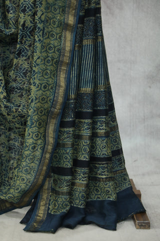 Indigo HBP Cotton Silk Saree With Maheshewari Border - SRICSS892