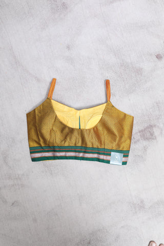 Yellow - Green Sleeveless Khun Blouse With Green Border-SRYGKB100