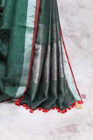 Green Plain Linen Saree-SRGPLS121