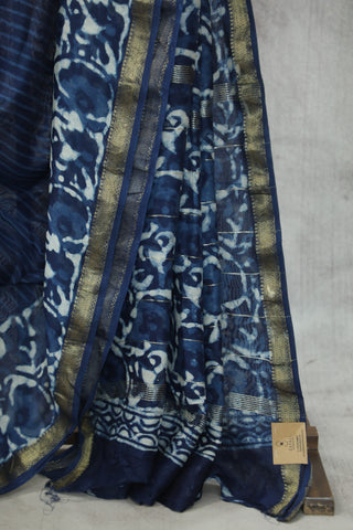 Indigo HBP Cotton Silk Saree With Maheshwari Border - SRICSS913