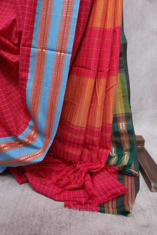 Pink Small Checks Cotton Patteda Anchu Saree With Blue-Green Border -SRPPAS65