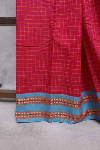 Pink Small Checks Cotton Patteda Anchu Saree With Blue-Green Border -SRPPAS65