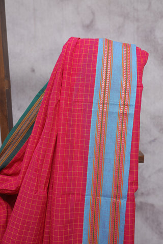 Pink Small Checks Cotton Patteda Anchu Saree With Blue-Green Border -SRPPAS65