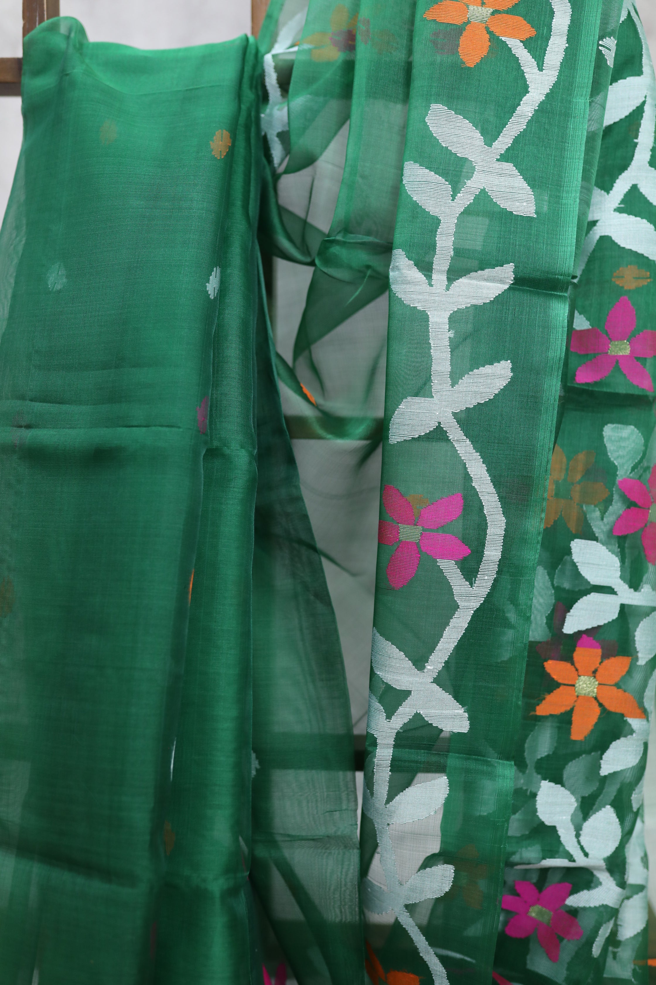 Green Muslin Jamdani Saree- SRGMJS05EX