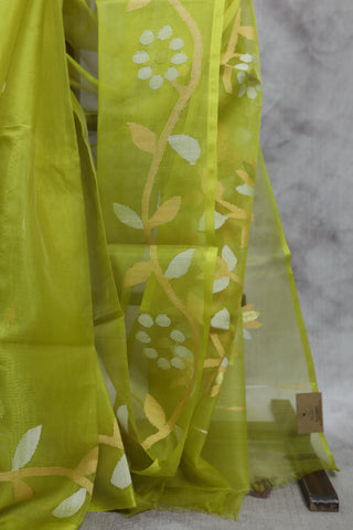 Neon Green Muslin Jamdani Saree- SRNGMJS09EX