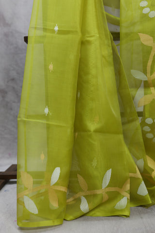 Neon Green Muslin Jamdani Saree- SRNGMJS09EX