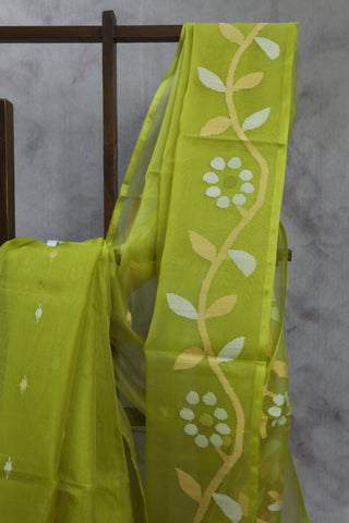 Neon Green Muslin Jamdani Saree- SRNGMJS09EX