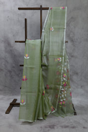 Moss Green Muslin Jamdani Saree- SRMGMJS11EX