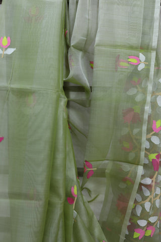 Moss Green Muslin Jamdani Saree- SRMGMJS11EX