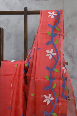 Dark Peach Muslin Jamdani Saree- SRDPMJS16EX