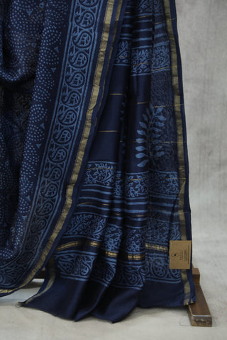 Indigo HBP Cotton Silk Saree With Chanderi Border - SRICSS779