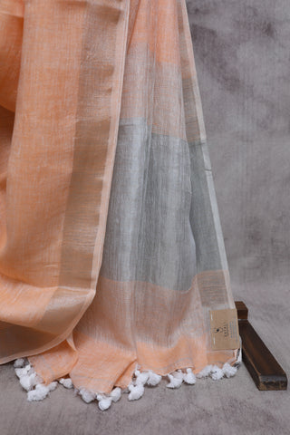 Light Orange Plain Linen Saree With White Tassels-SRLOLS141