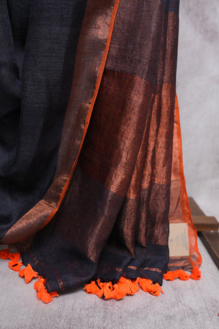 Black Plain Linen Saree With Orange Tassels-SRBPLS135