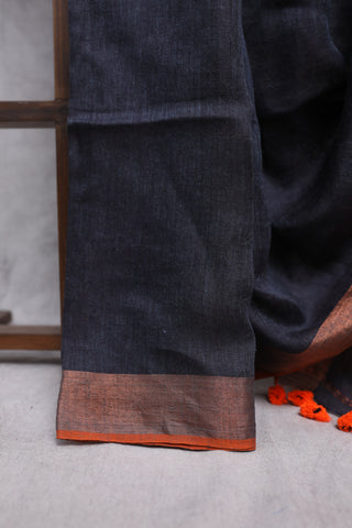 Black Plain Linen Saree With Orange Tassels-SRBPLS135