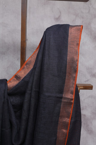 Black Plain Linen Saree With Orange Tassels-SRBPLS135