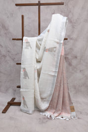 White Parrot Design Linen Jamdani Saree - SRWLJS212