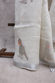 White Parrot Design Linen Jamdani Saree - SRWLJS212