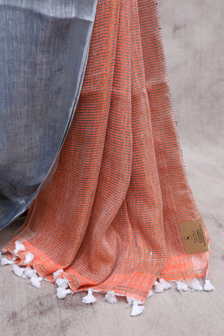 Grey Parrot Design Linen Jamdani Saree -SRGLJS213