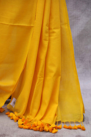 Mango Mul Cotton saree With Yellow Tassels