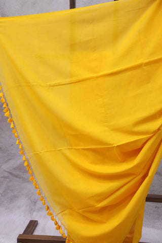 Mango Mul Cotton saree With Yellow Tassels