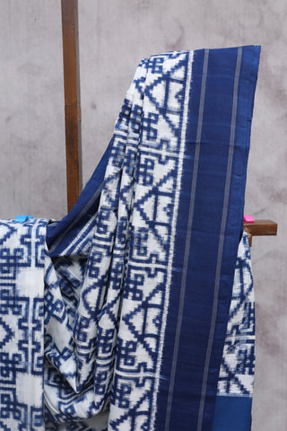 White-Blue Pochampalli Cotton Ikat Saree-SRWBPCIS182