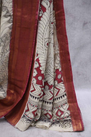 Cream Kalamkari Chinnori Silk Saree-SRCKCSS38