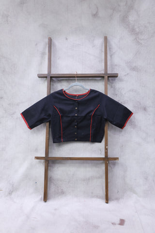 Boat Neck Black Plain Cotton Blouse With Red Piping