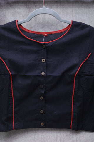 Boat Neck Black Plain Cotton Blouse With Red Piping