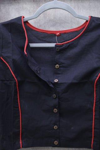 Boat Neck Black Plain Cotton Blouse With Red Piping