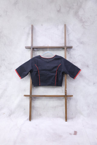 Boat Neck Black Plain Cotton Blouse With Red Piping