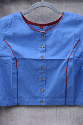 Boat Neck Blue Cotton Blouse With Red Piping